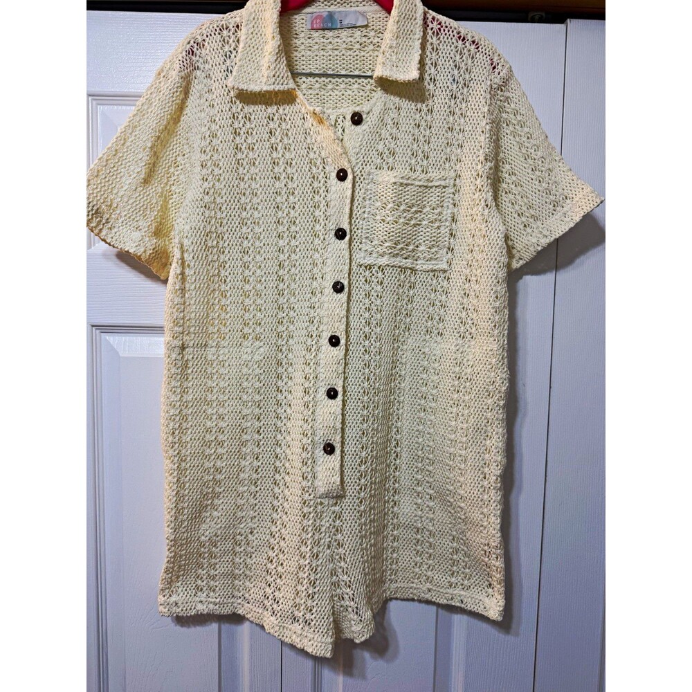 Free People Beach Ivory Open-Knit Collared Button Romper β XS